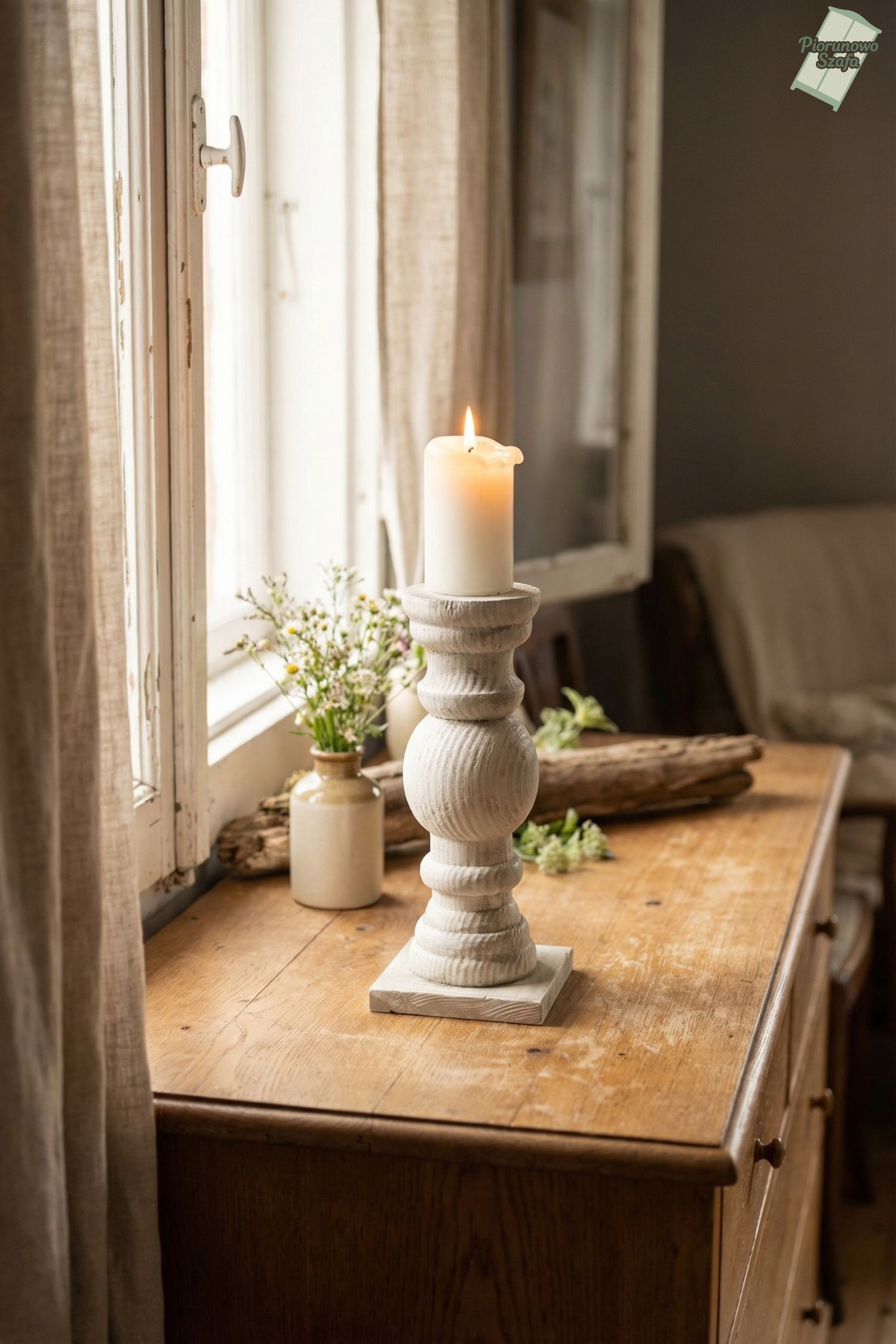 Świecznik drewniany biały beton 17 cm