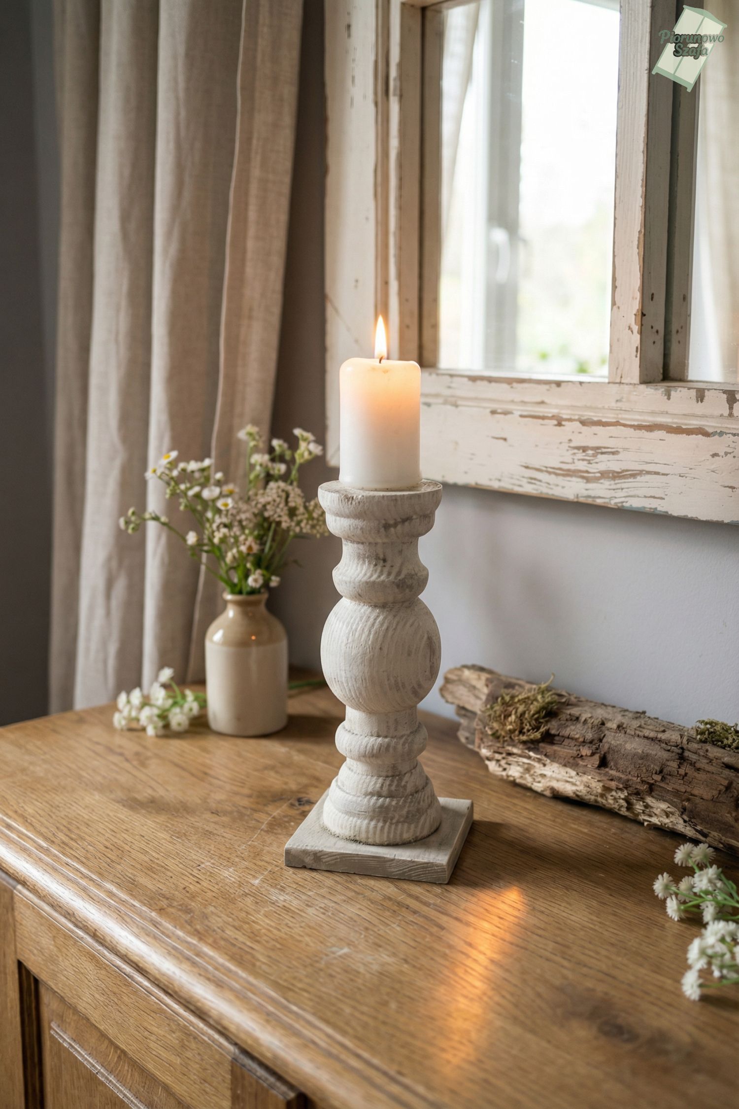 Świecznik drewniany biały beton 17 cm