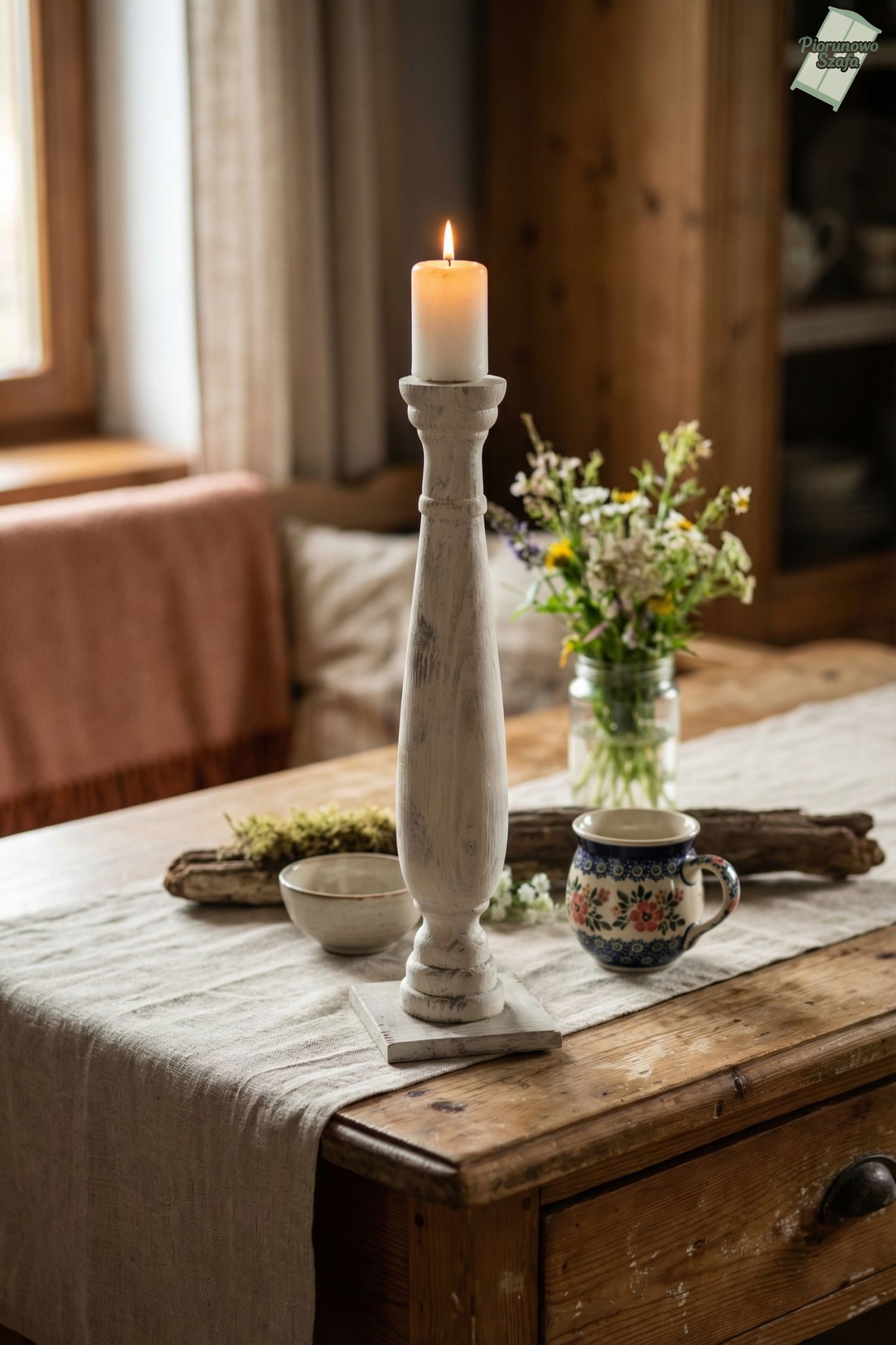 Świecznik drewniany biały beton 40 cm