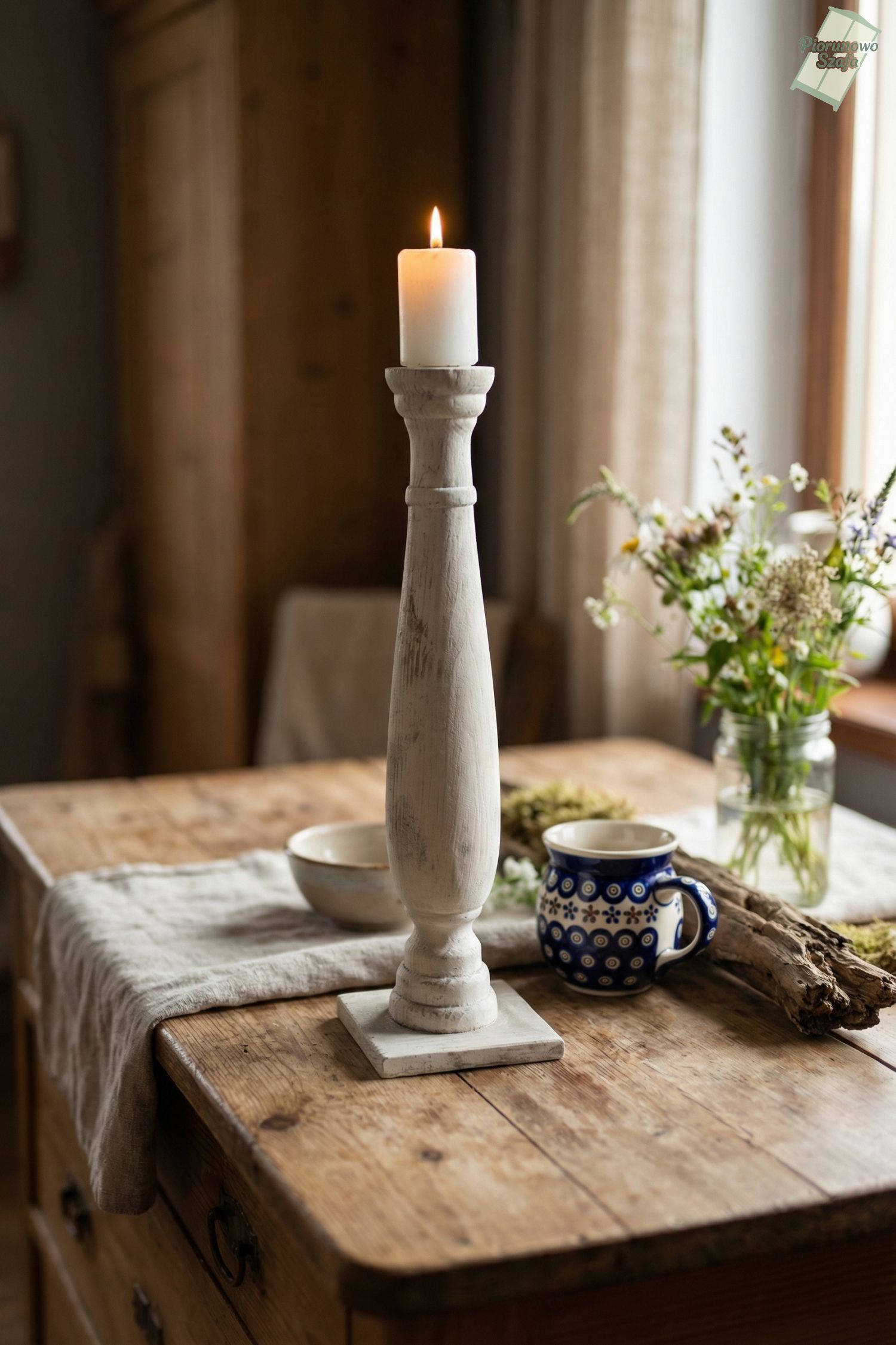 Świecznik drewniany biały beton 40 cm