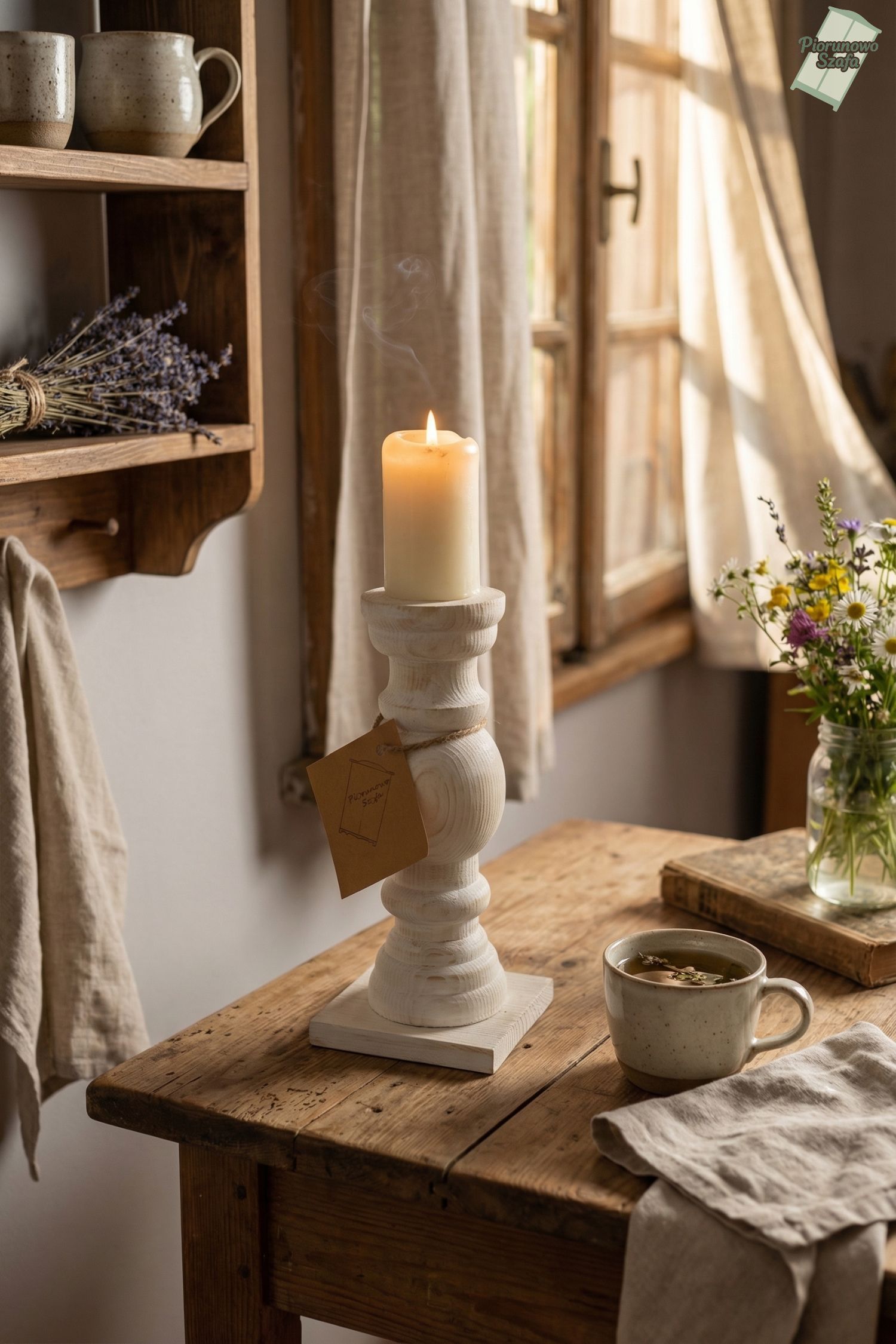 Świecznik drewniany biały przecierany 17 cm