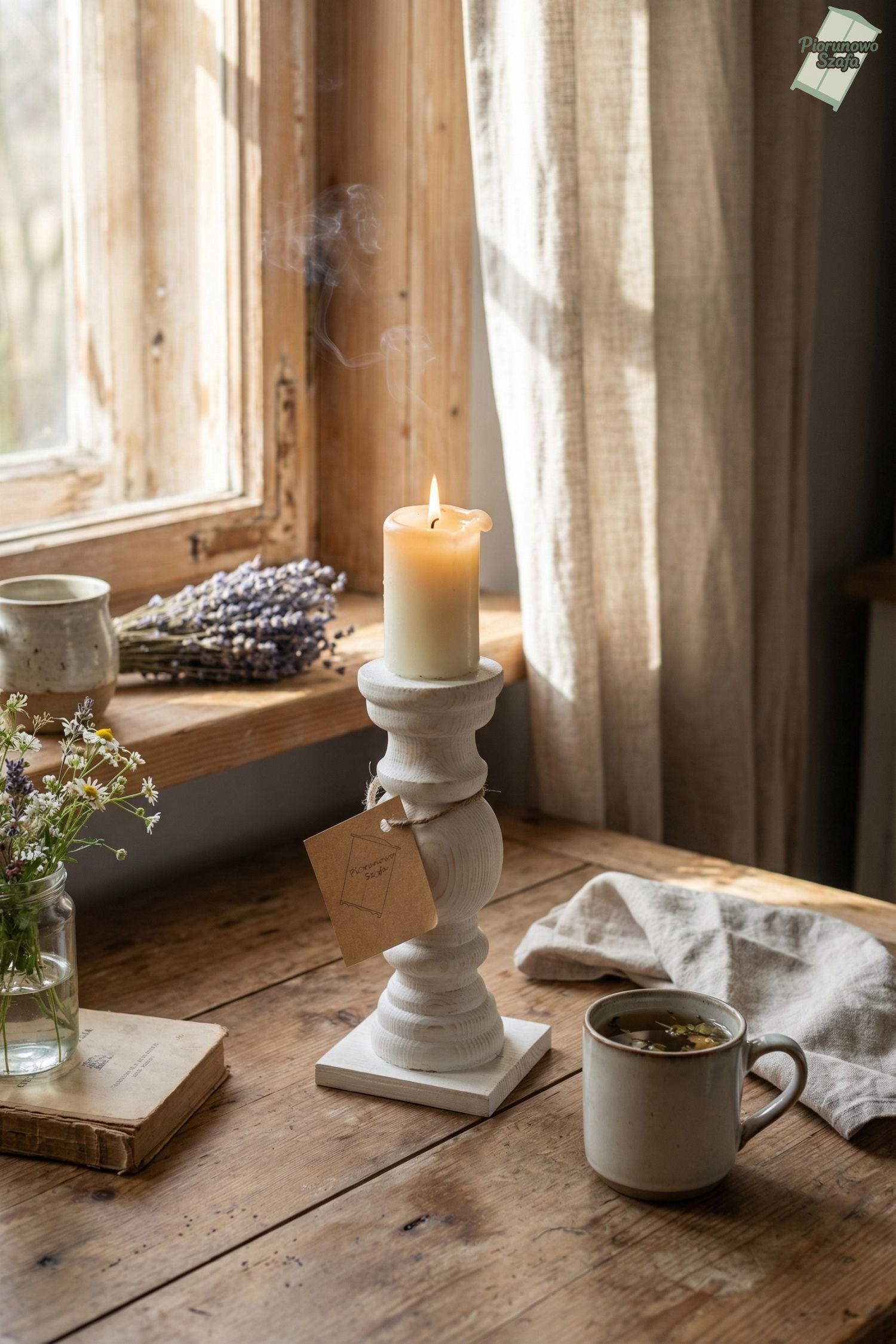 Świecznik drewniany biały przecierany 17 cm