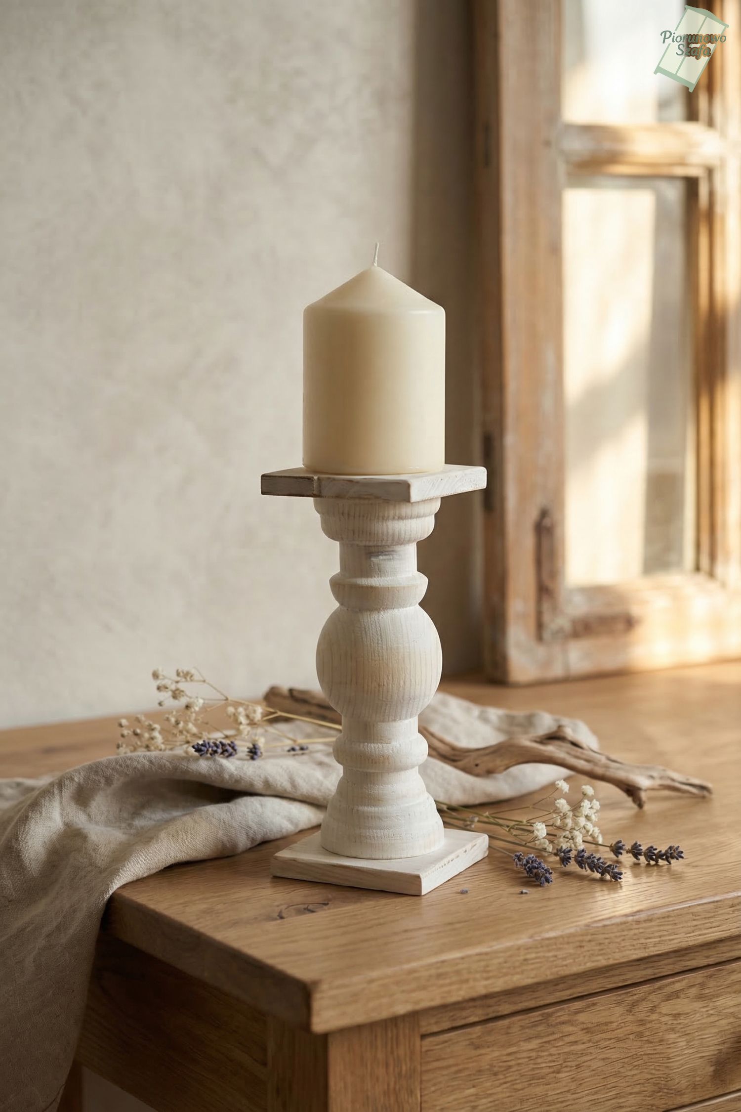 Świecznik drewniany biały przecierany 18 cm