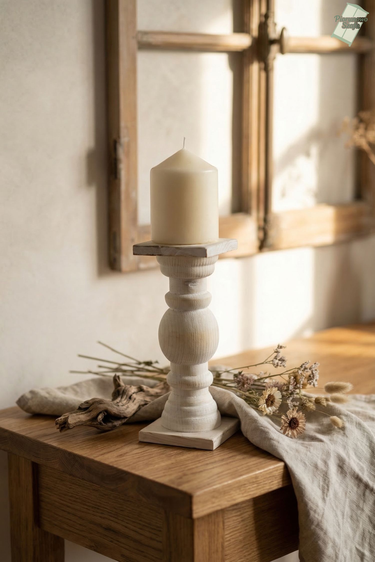 Świecznik drewniany biały przecierany 18 cm