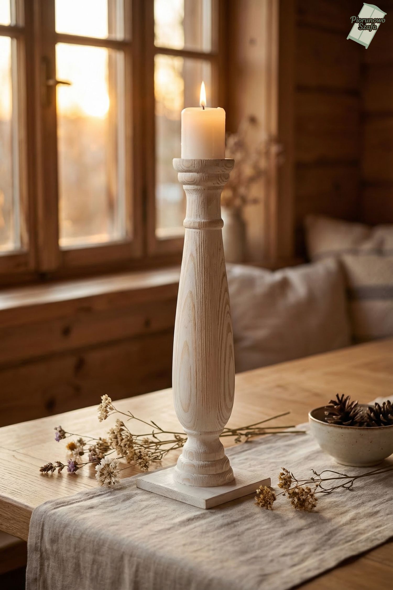 Świecznik drewniany biały przecierany 40 cm