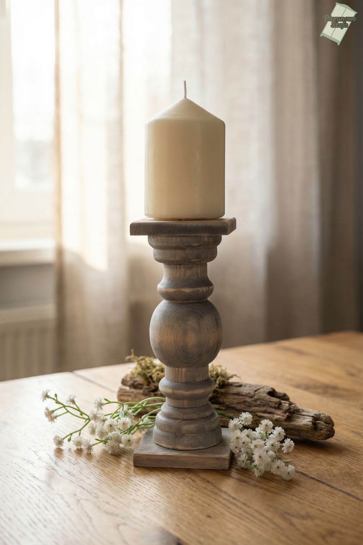 Świecznik drewniany szary 18 cm