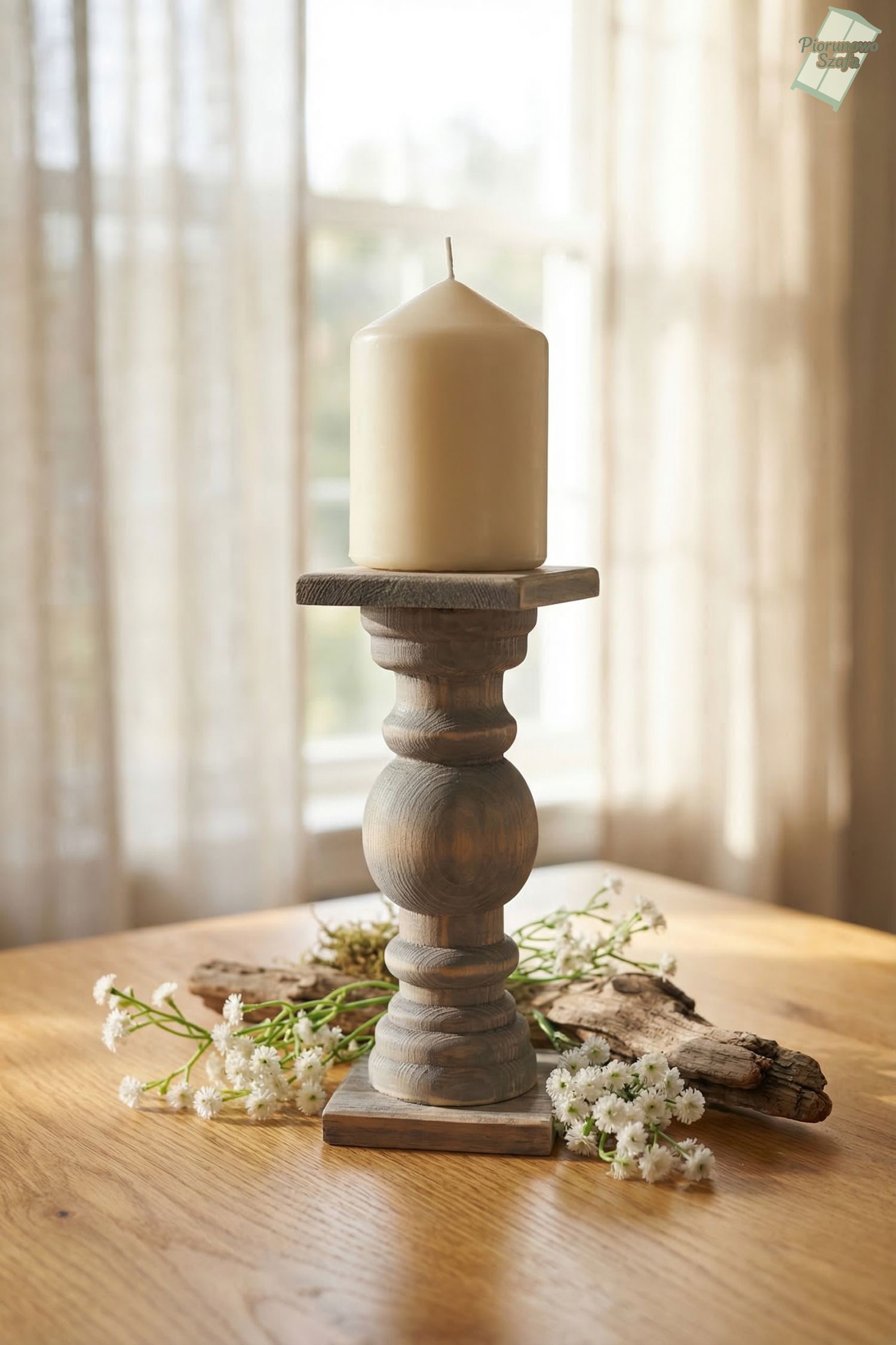 Świecznik drewniany szary 18 cm