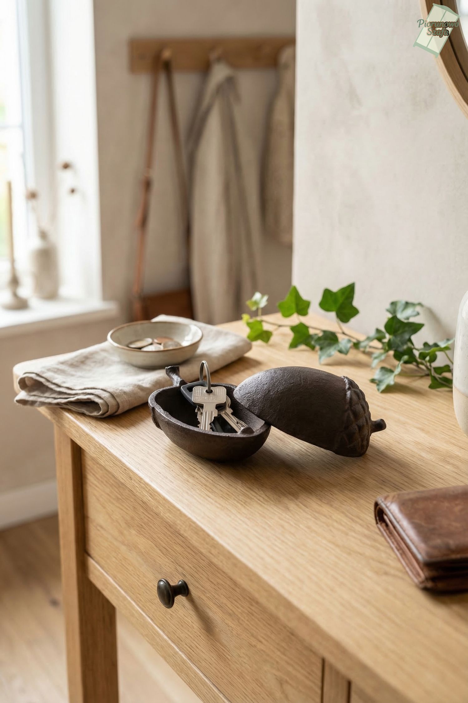 Żeliwny schowek na klucze, kształt żołędzia