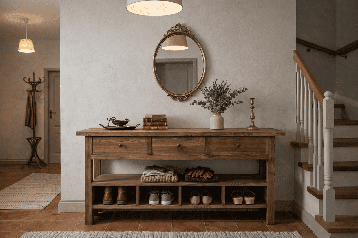 Wąska konsola drewniana z dwiema szufladami w stylu vintage