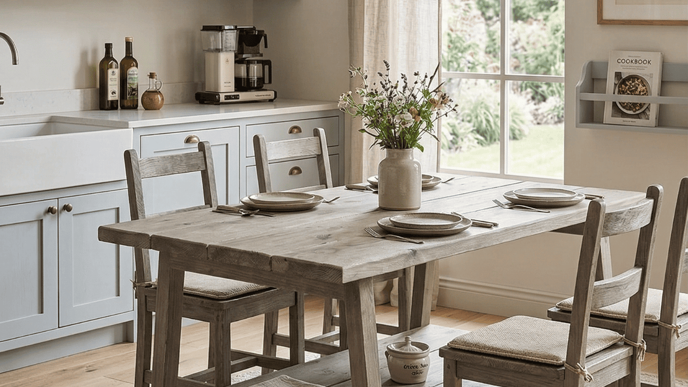 Ręcznie wykonany stół z litego dębu w jasnym salonie, ukazujący naturalne słoje i strukturę drewna.