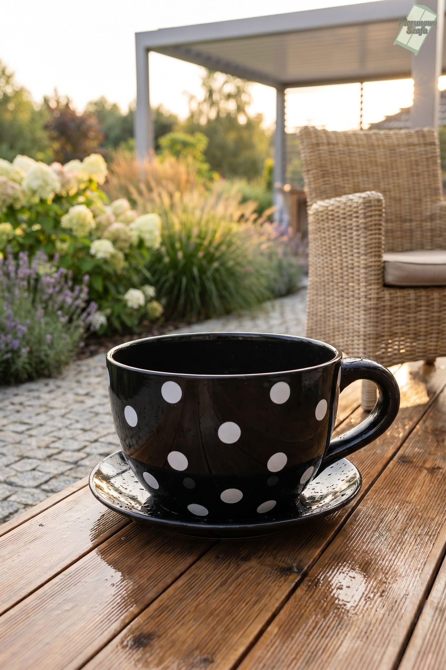 Donica, osłonka ceramiczna, w formie filiżanki czarna w białe kropki