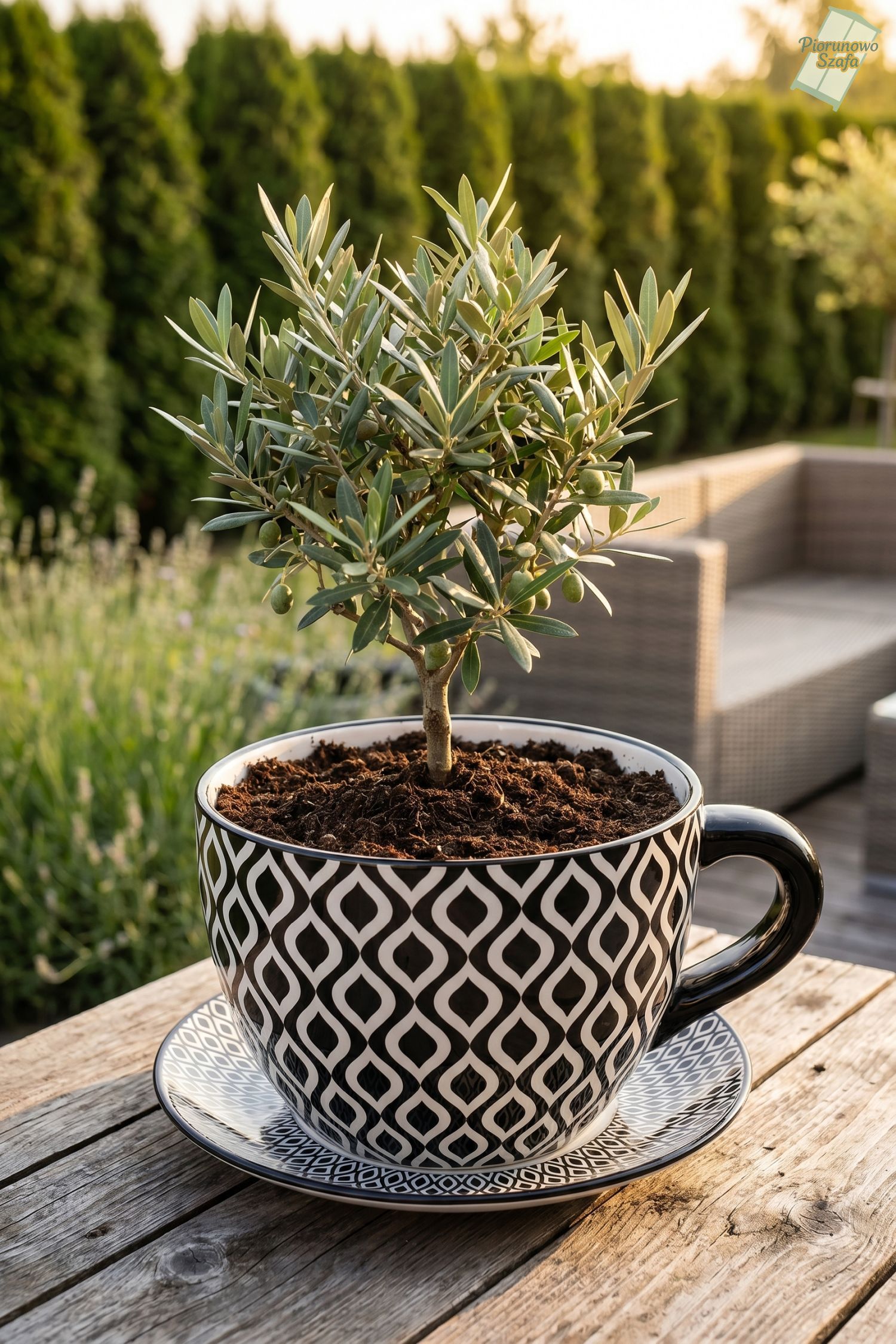 Donica, osłonka ceramiczna, w formie filiżanki czarno-białe maroko
