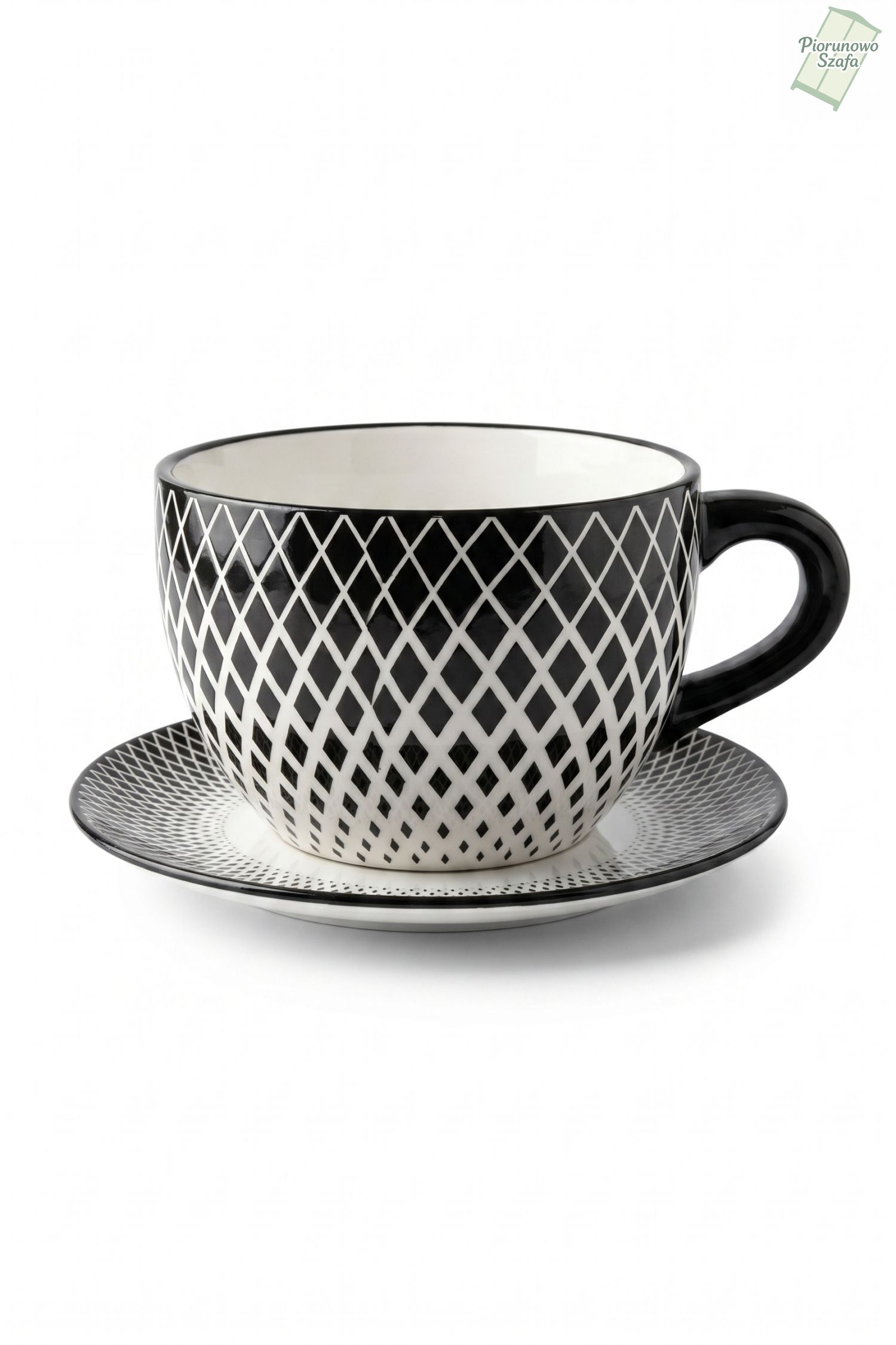 Donica, osłonka ceramiczna, w formie filiżanki czarno-białe romby