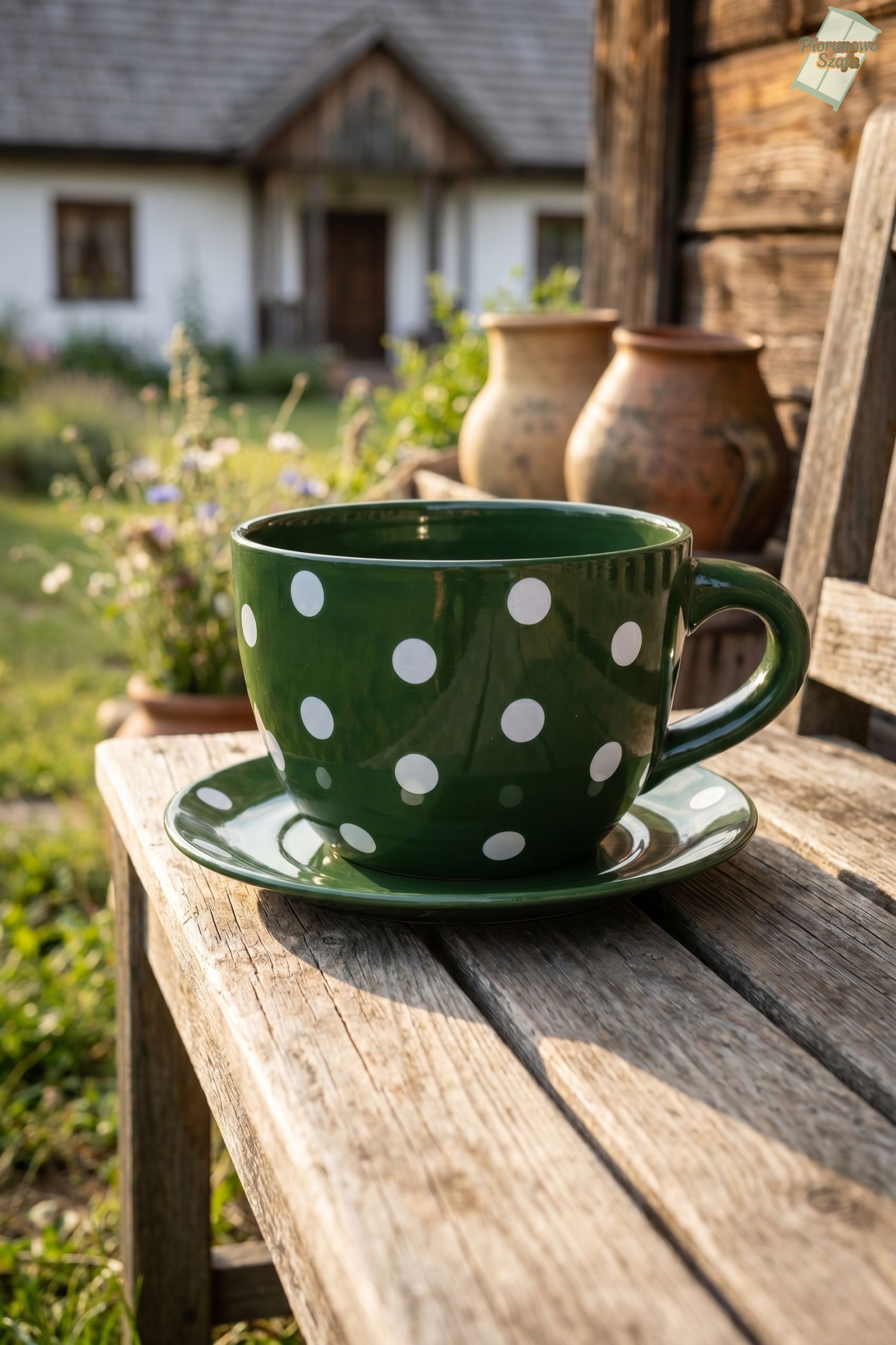 Donica, osłonka ceramiczna, w formie filiżanki zielona w kropki