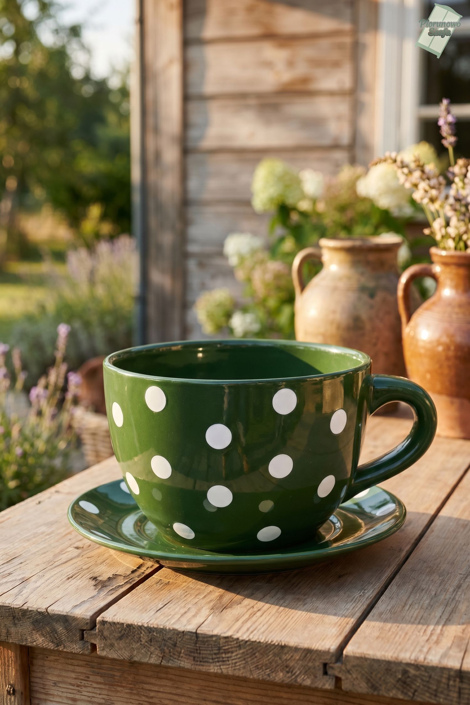 Donica, osłonka ceramiczna, w formie filiżanki zielona w kropki